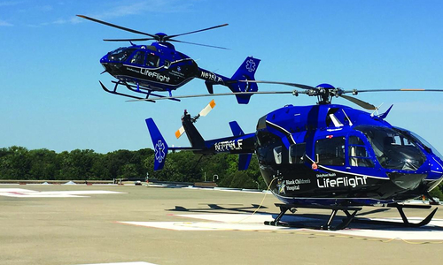 Both Life Flight helicopters on roof of Iowa Methodist Medical Center.jpg
