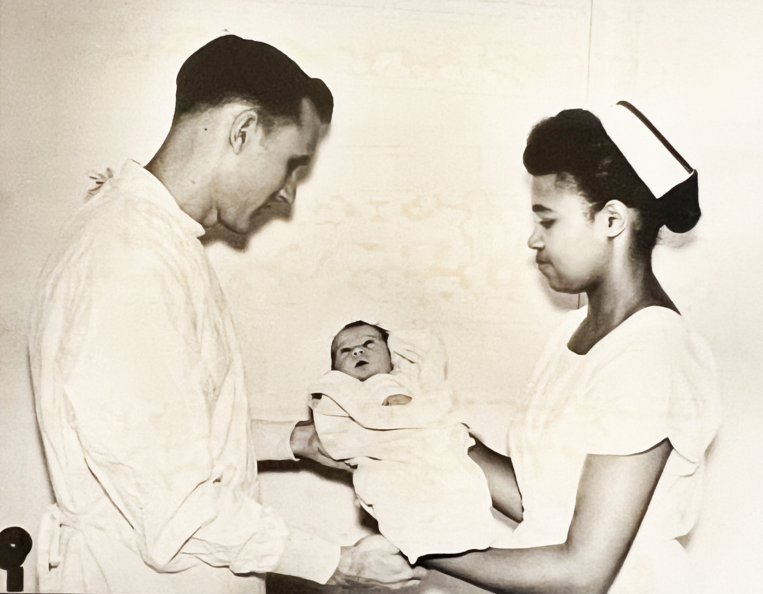doctor, baby, nurse - allen hospital - black and white