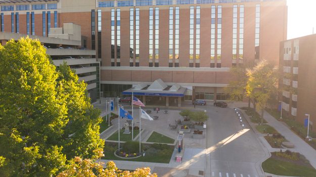 Meriter Hospital exterior, aerial view of front entrance
