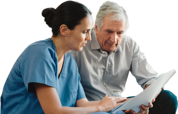 A healthcare worker going over paperwork with man in a hospital lounge.jpg